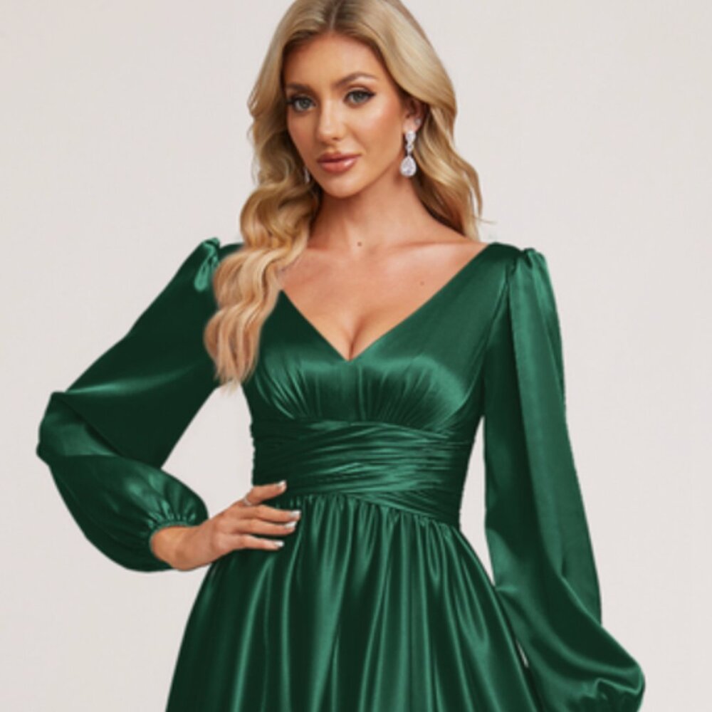 Dark Green JJs House Bridesmaid Dress, A-Line, Bishop Sleeve